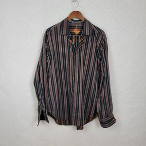 Robert Graham Mens Shirt Size XL Black Orange Button Down Striped Flip Cuff